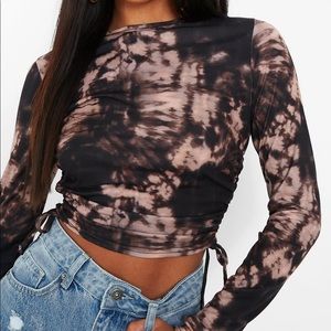 Boohoo tie die long sleeve ruched crop top